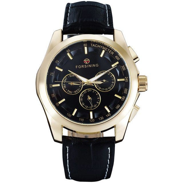 Ceas Unisex Automatic Forsining Casual Elegant Gold, CP9153GD, curea din piele, afisaj analog