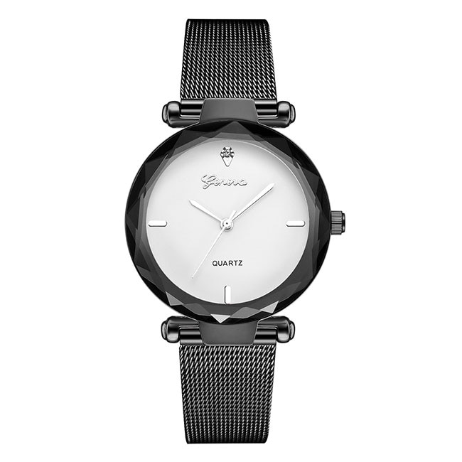 Ceas Dama Quartz Geneva Casual Elegant Alb-negru, CP99253ANU, curea din metal (mesh), afisaj analog