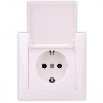 Priza simpla Hoff, incastrata, cu capac si contact de protectie, 16A, culoare alba, 82 x 82 x 44 mm Priza simpla Hoff, incastrata, cu capac si contact de protectie, 16A, culoare alba, 82 x 82 x 44 mm