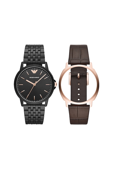 Emporio Armani, Овален часовник Geable със сменяема каишка, Черен / Кафяв