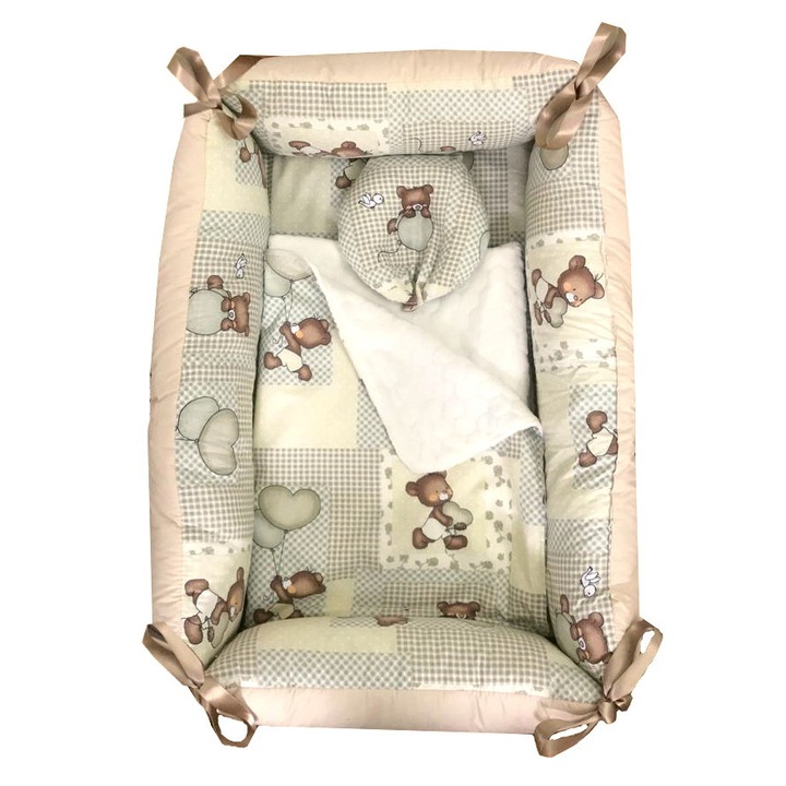 Reducer Baby Bed Nest takaróval és anti-plagiocephaly párnával Deseda Beige kockás medvék