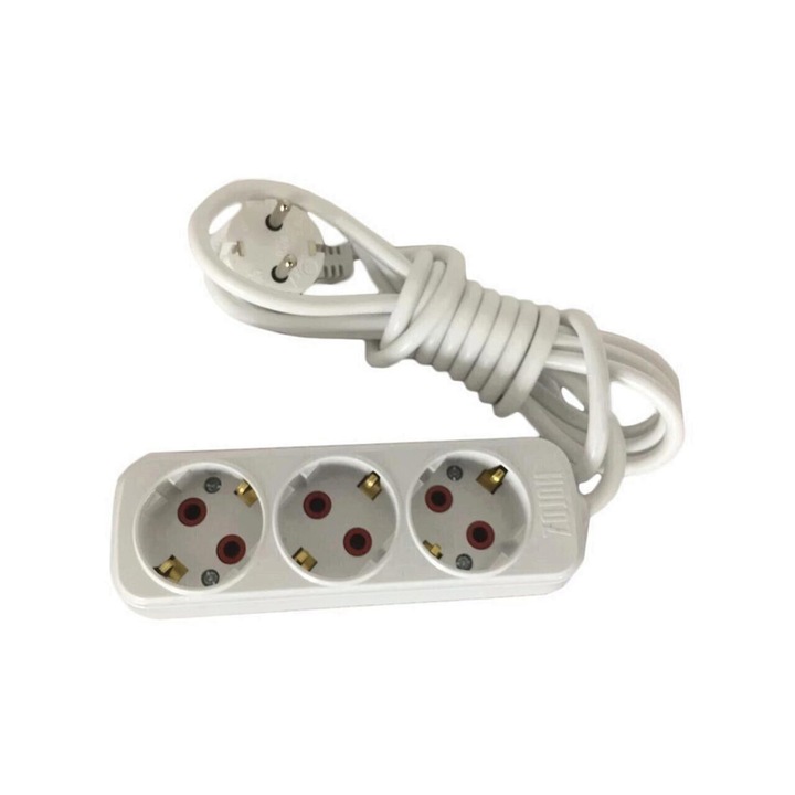 Prelungitor cu 3 locasuri Horoz, 16A, 250V, lungime cablu 3 m, Schuko, Alb