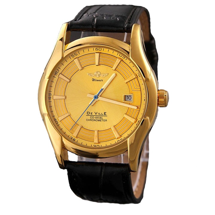 Ceas Winner Unisex Automatic Casual Elegant Gold, PN999124GD, curea din piele, afisaj Analog