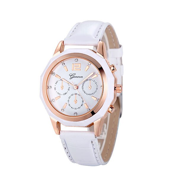 Ceas Dama Quartz Geneva Casual Elegant Alb, CP9992AB, curea din piele, afisaj analog