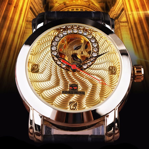 Ceas Unisex Automatic Forsining Casual Elegant Gold-negru, CP9245GNU, curea din piele, afisaj analog