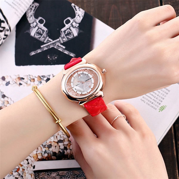 Ceas Dama Quartz Geneva Casual Elegant Rosu, CP9962RU, curea din piele, afisaj analog
