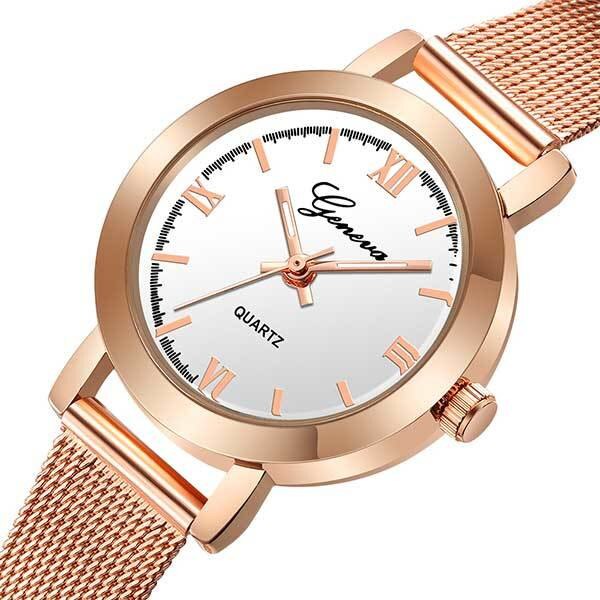 Ceas Dama Quartz Geneva Casual Elegant Rosegold-alb, CP99280RAB, curea din metal (mesh), afisaj analog