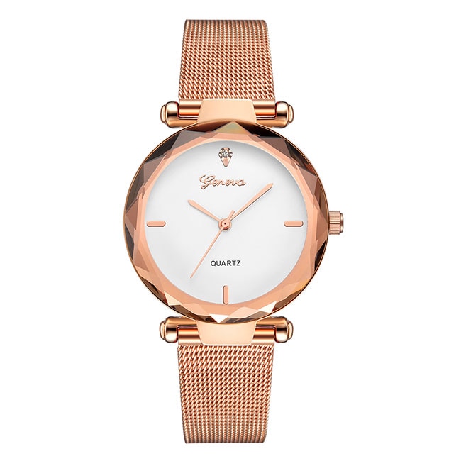 Ceas Geneva Dama Quartz Casual Elegant Rosegold-alb, PN999253RAB, curea din metal (mesh), afisaj Analog