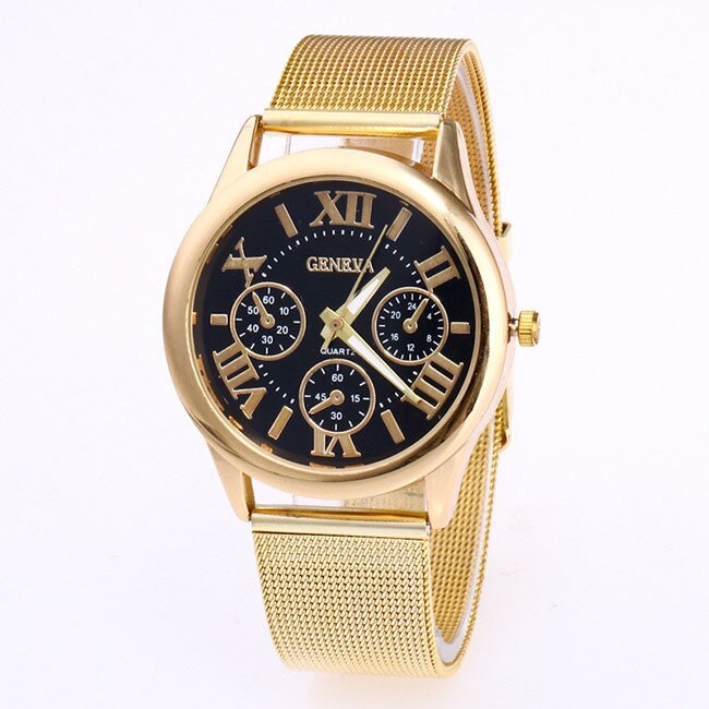 Ceas Dama Quartz Geneva Casual Elegant Gold-negru, CP9973GNU, curea din metal (mesh), afisaj analog