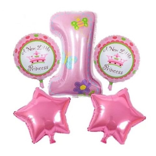 Set De 5 Baloane Folie Aniversar, Cifra 1, Baloane Rotunde Si Stele, Roz