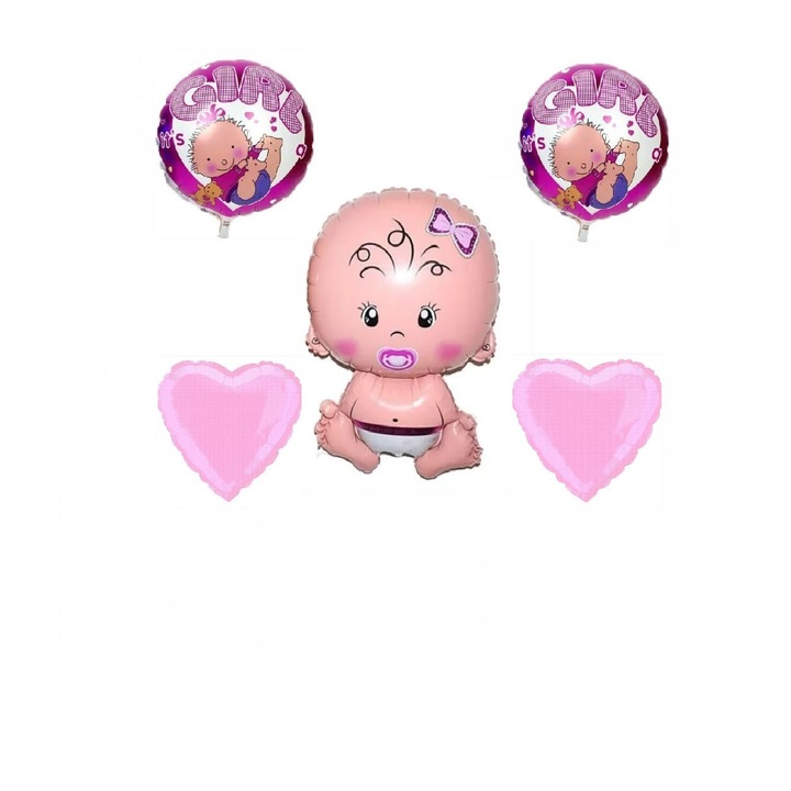 Set De 5 Baloane Folie Bebe, Botez, Roz