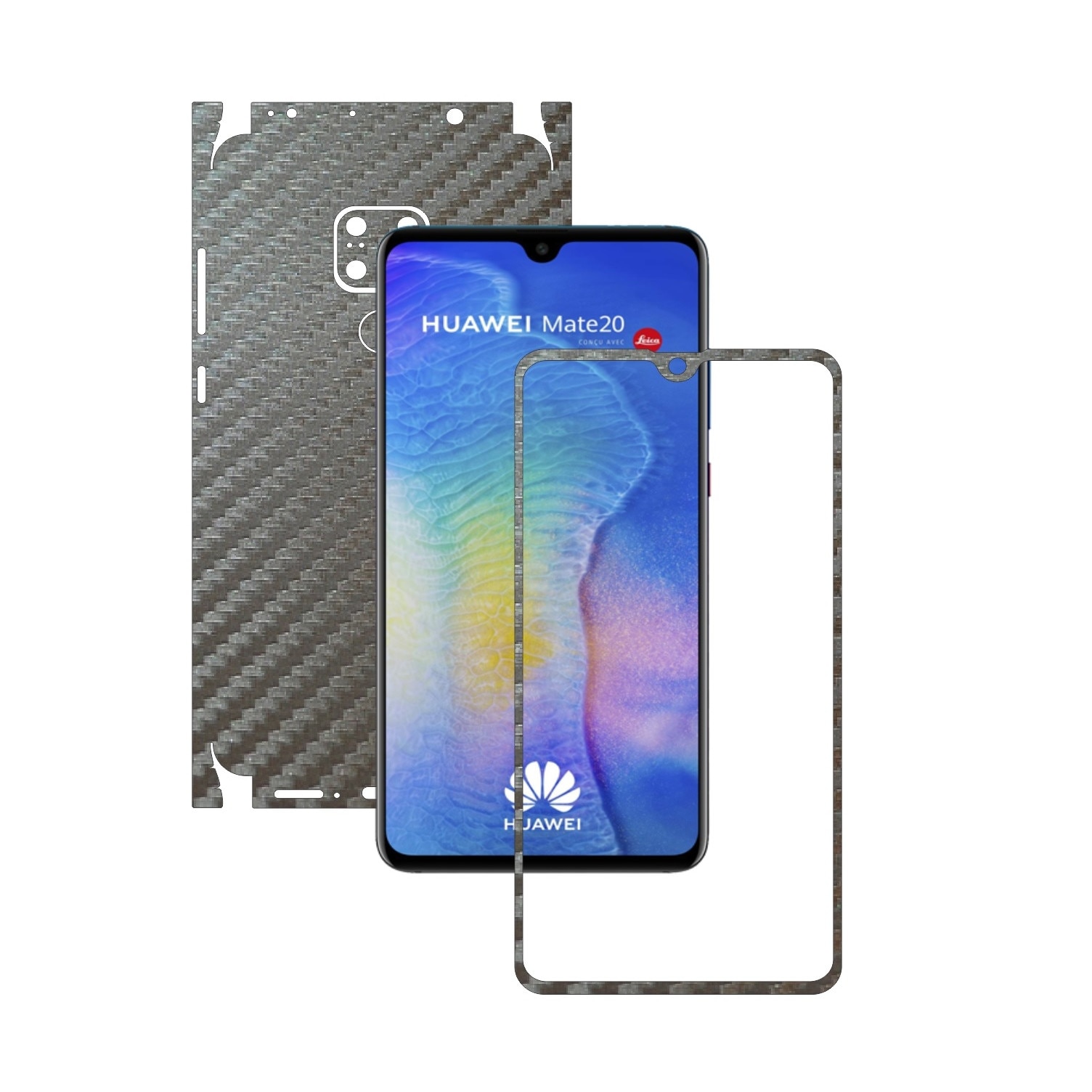 Huawei Mate 20 - Carbon Gri Argintiu - 360 Cut - Folie de protectie Carbon Skinz, Skin Adeziv Full Body Cover pentru Rama Ecran,Carcasa Spate si Laterale