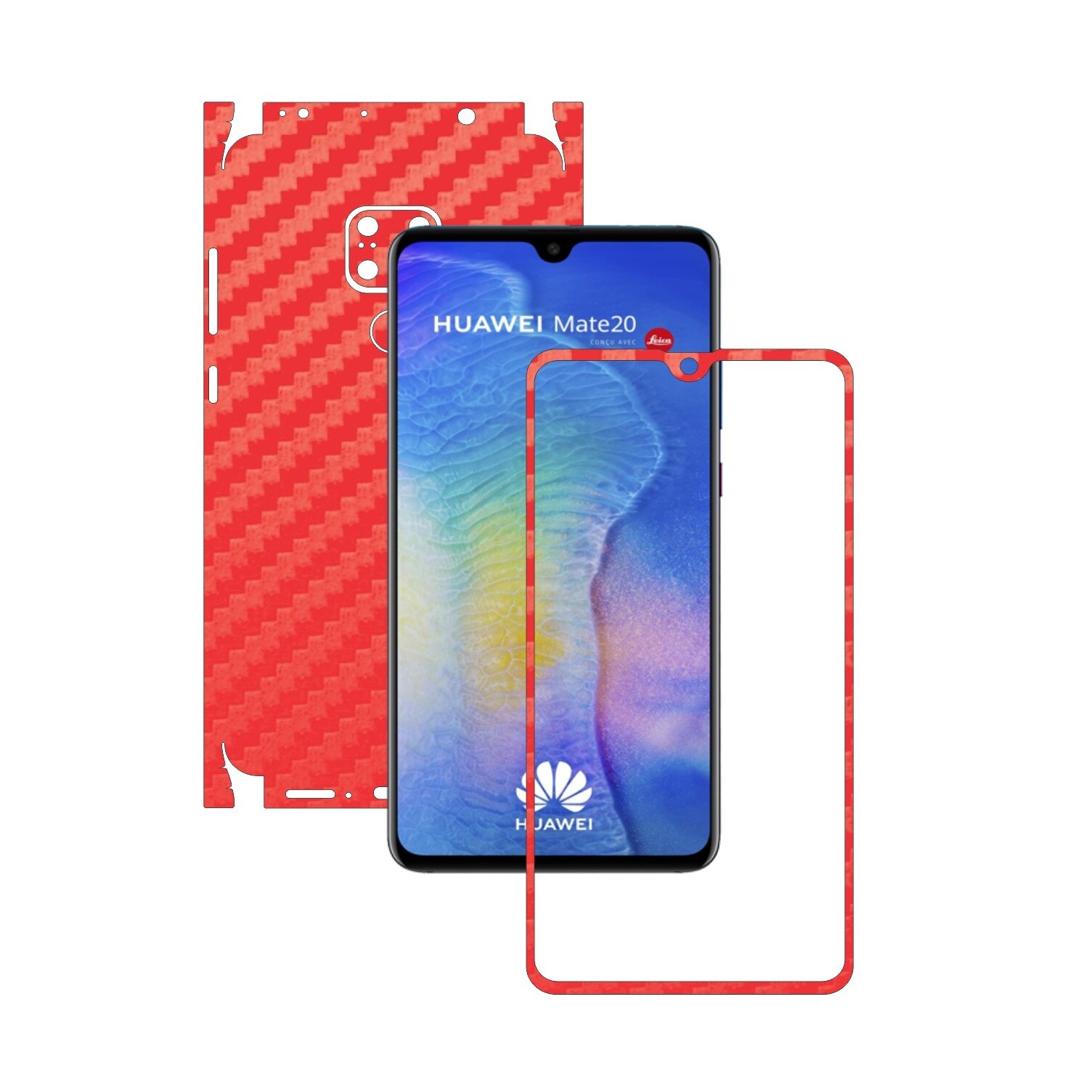 Huawei Mate 20 - Carbon Rosu - 360 Cut - Folie de protectie Carbon Skinz, Skin Adeziv Full Body Cover pentru Rama Ecran,Carcasa Spate si Laterale