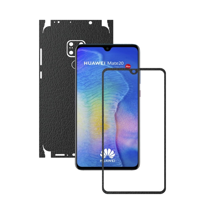 Huawei Mate 20 – Fekete bőr – 360 fokos vágás – Carbon Skinz védőfólia, teljes testet fedő tapadó bőr képernyőkerethez, hát- és oldalborítóhoz