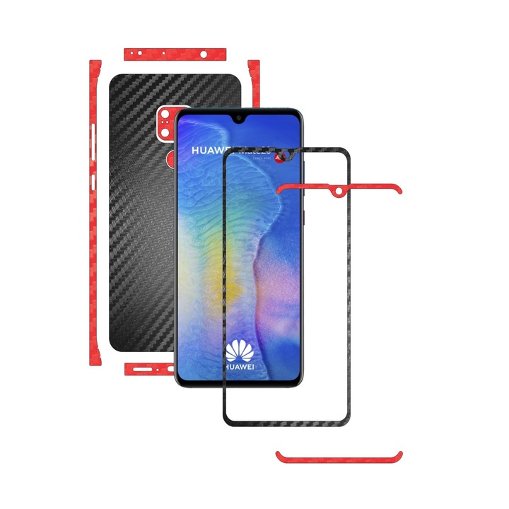 Huawei Mate 20 – kéttónusú fekete/piros – Carbon Skinz védőfólia, két színben, teljes testet fedő tapadós bőr képernyőkerethez, hát- és oldalborítóhoz