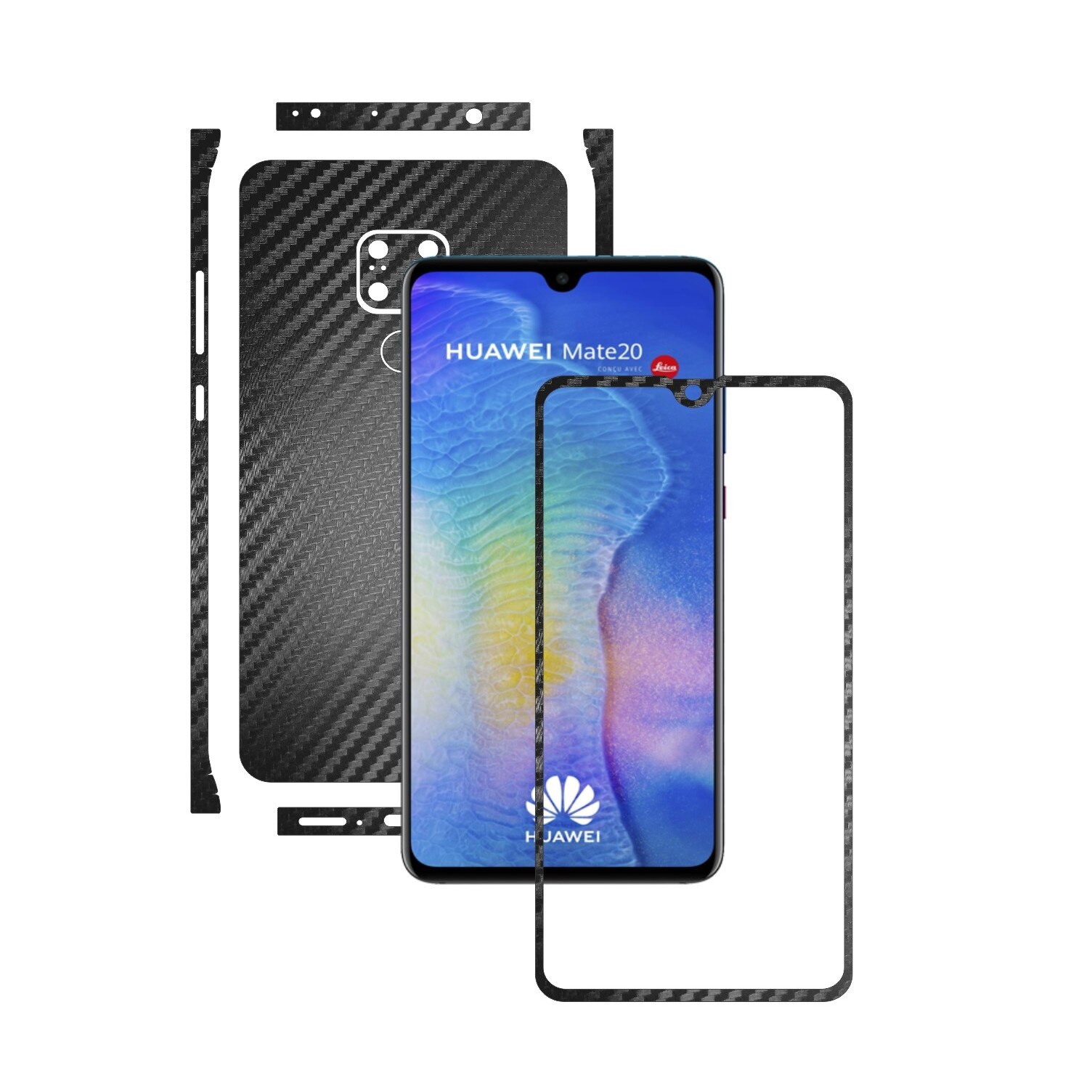 Huawei Mate 20 - Carbon Negru - Split Cut - Folie de protectie Carbon Skinz, Skin Adeziv Full Body Cover pentru Rama Ecran,Carcasa Spate si Laterale