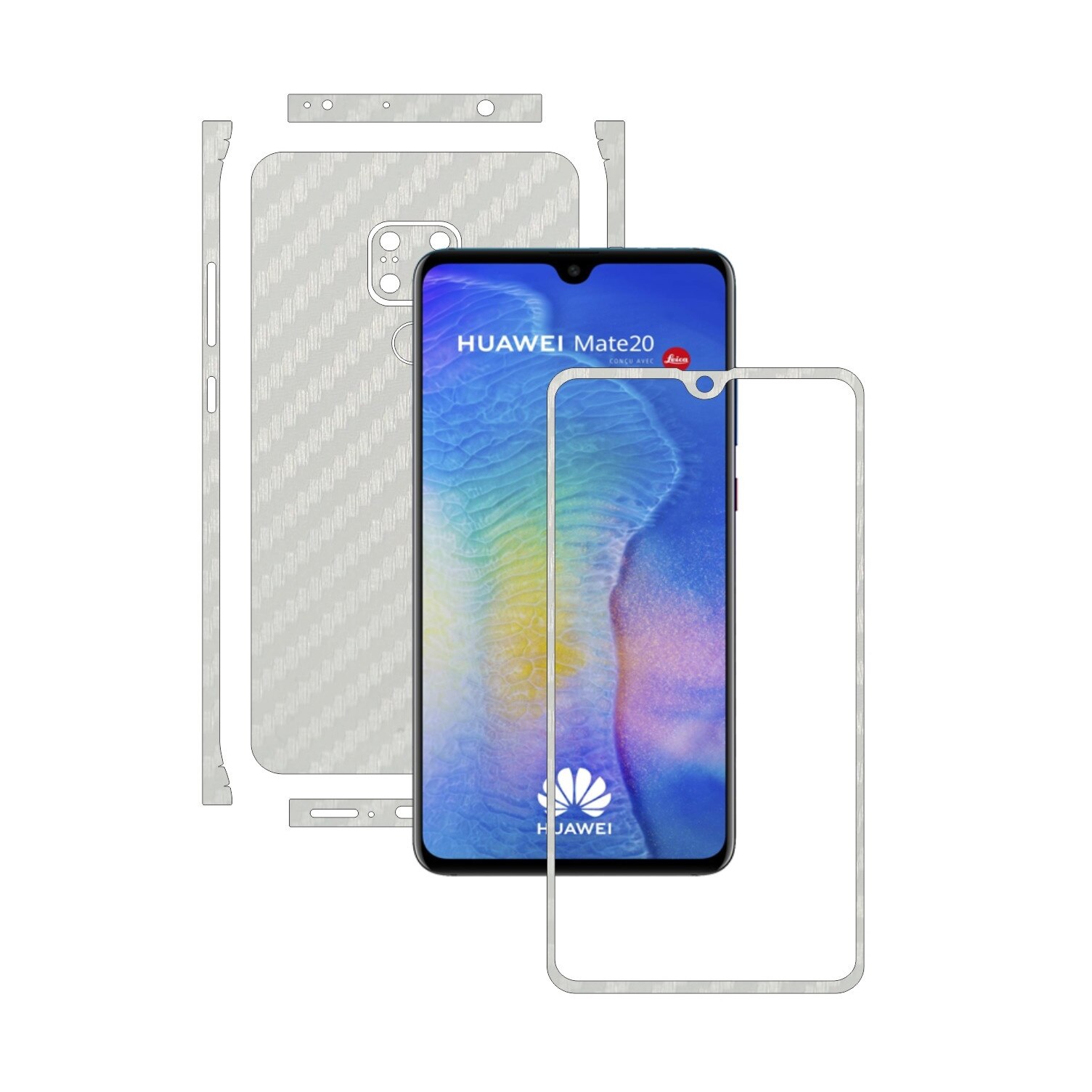 Huawei Mate 20 - Carbon Alb - Split Cut - Folie de protectie Carbon Skinz, Skin Adeziv Full Body Cover pentru Rama Ecran,Carcasa Spate si Laterale