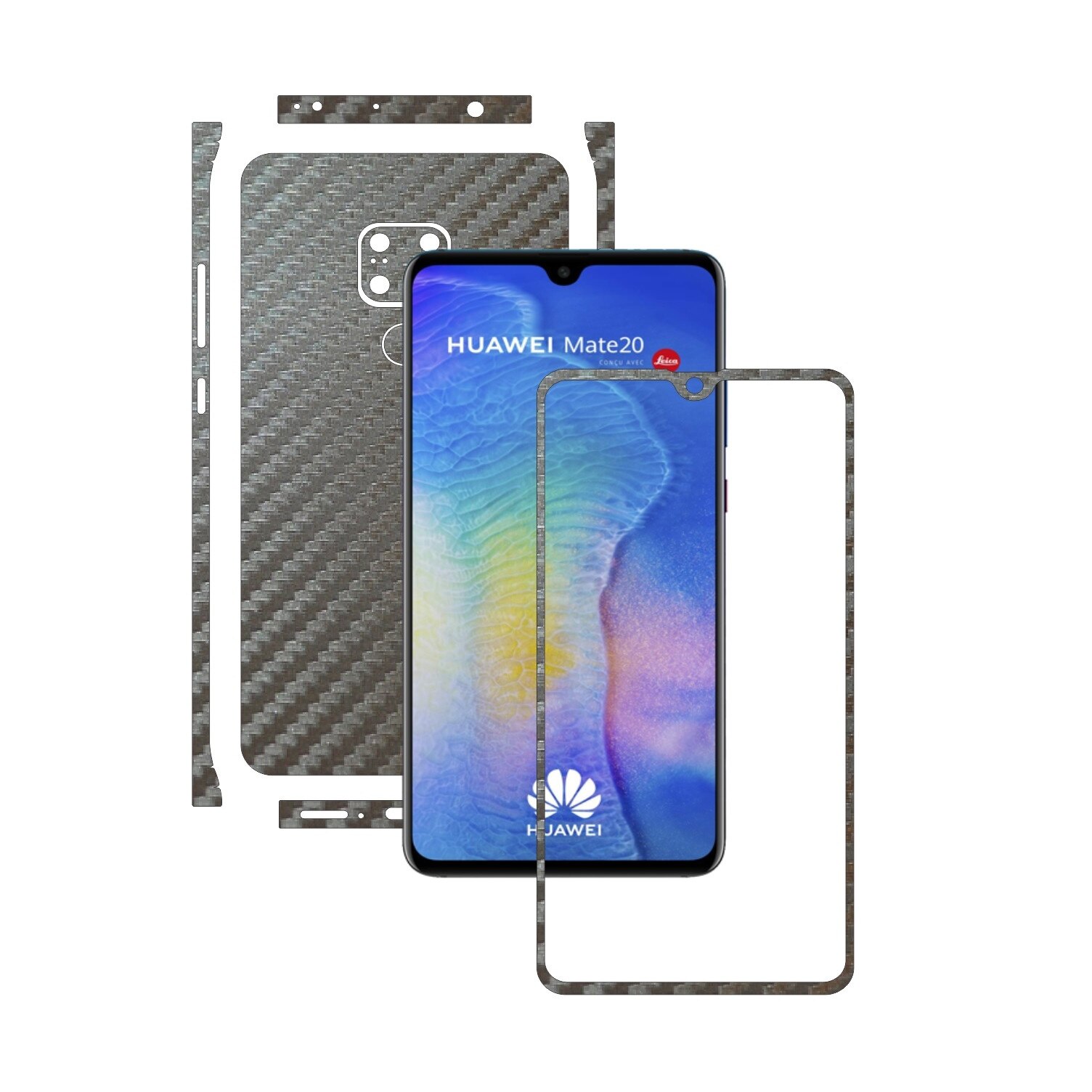 Huawei Mate 20 - Carbon Gri Argintiu - Split Cut - Folie de protectie Carbon Skinz, Skin Adeziv Full Body Cover pentru Rama Ecran,Carcasa Spate si Laterale