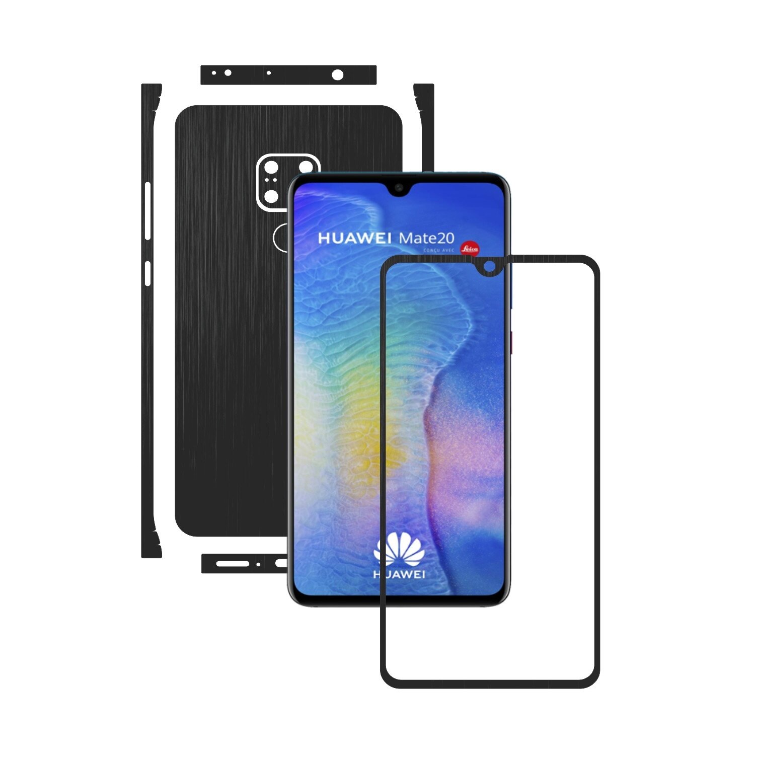 Huawei Mate 20 - Brushed Negru - Split Cut - Folie de protectie Carbon Skinz, Skin Adeziv Full Body Cover pentru Rama Ecran,Carcasa Spate si Laterale