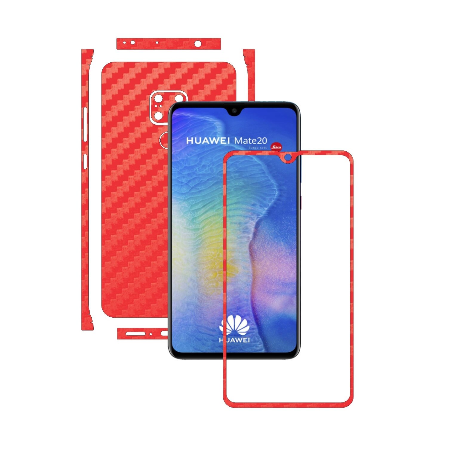 Huawei Mate 20 - Carbon Rosu - Split Cut - Folie de protectie Carbon Skinz, Skin Adeziv Full Body Cover pentru Rama Ecran,Carcasa Spate si Laterale