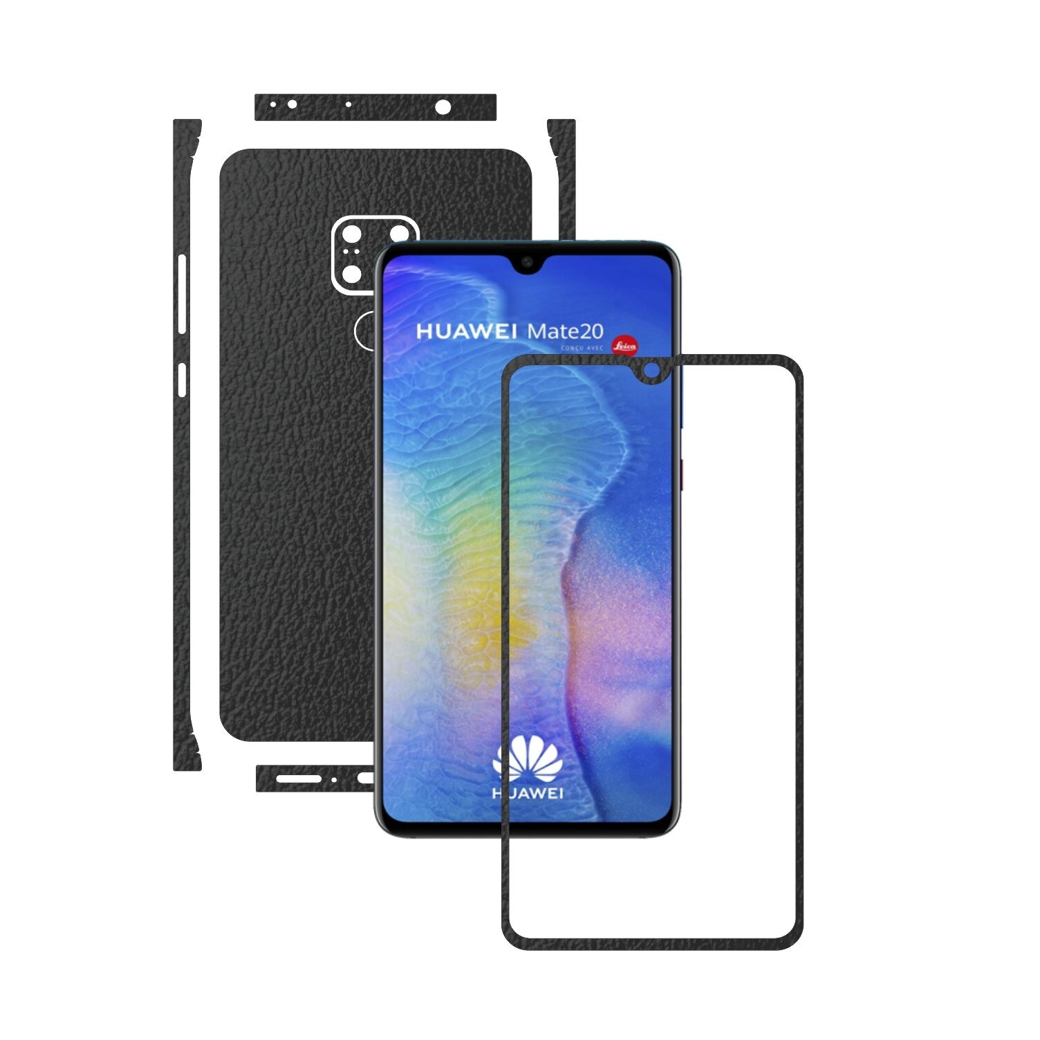 Huawei Mate 20 - Piele Neagra - Split Cut - Folie de protectie Carbon Skinz, Skin Adeziv Full Body Cover pentru Rama Ecran,Carcasa Spate si Laterale