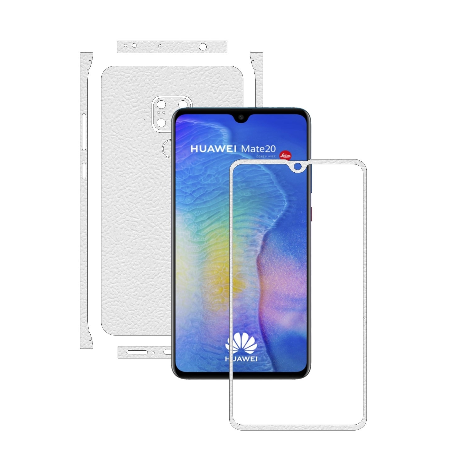 Huawei Mate 20 - Piele Alba - Split Cut - Folie de protectie Carbon Skinz, Skin Adeziv Full Body Cover pentru Rama Ecran,Carcasa Spate si Laterale
