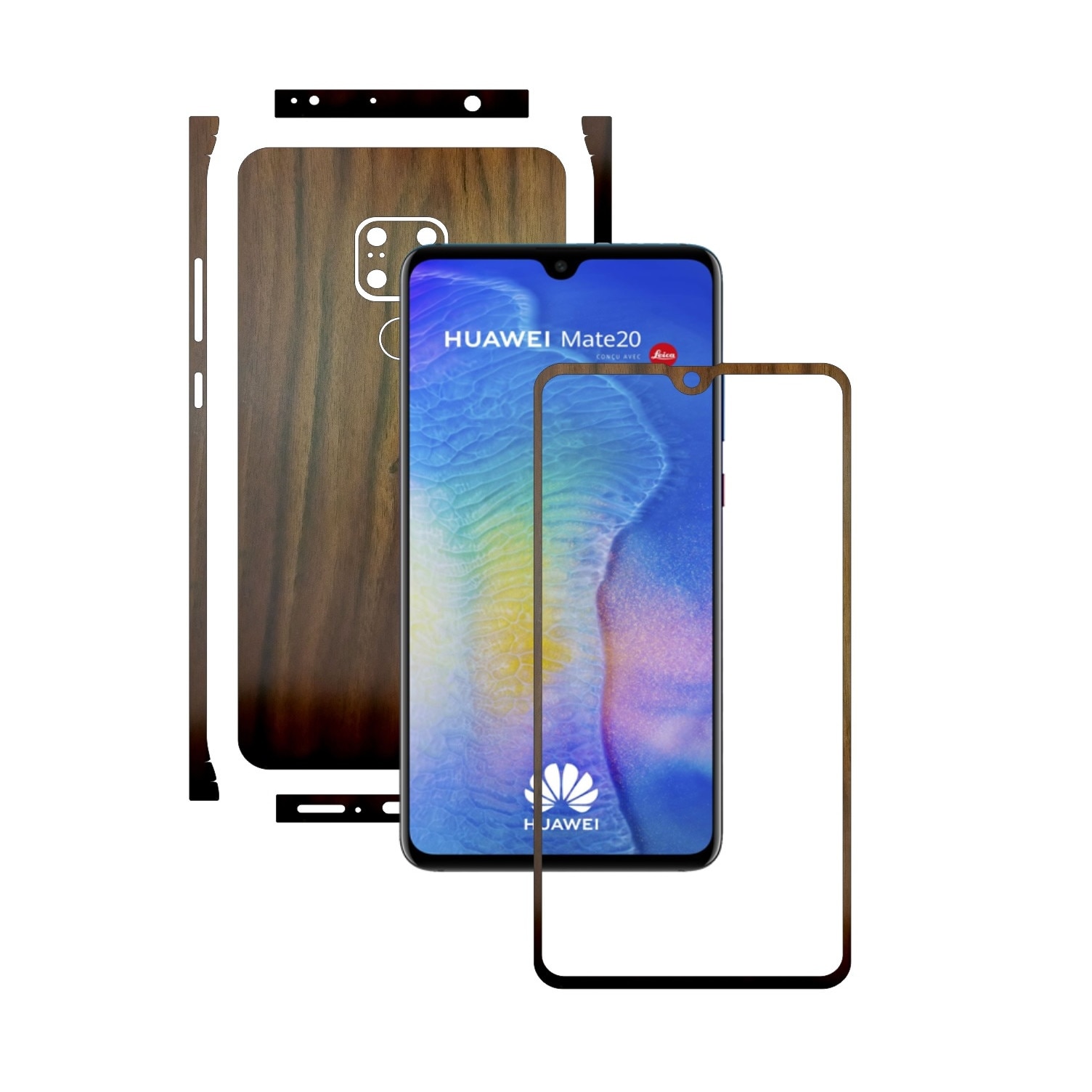 Huawei Mate 20 - Lemn Nuc Inchis - Split Cut - Folie de protectie Carbon Skinz, Skin Adeziv Full Body Cover pentru Rama Ecran,Carcasa Spate si Laterale