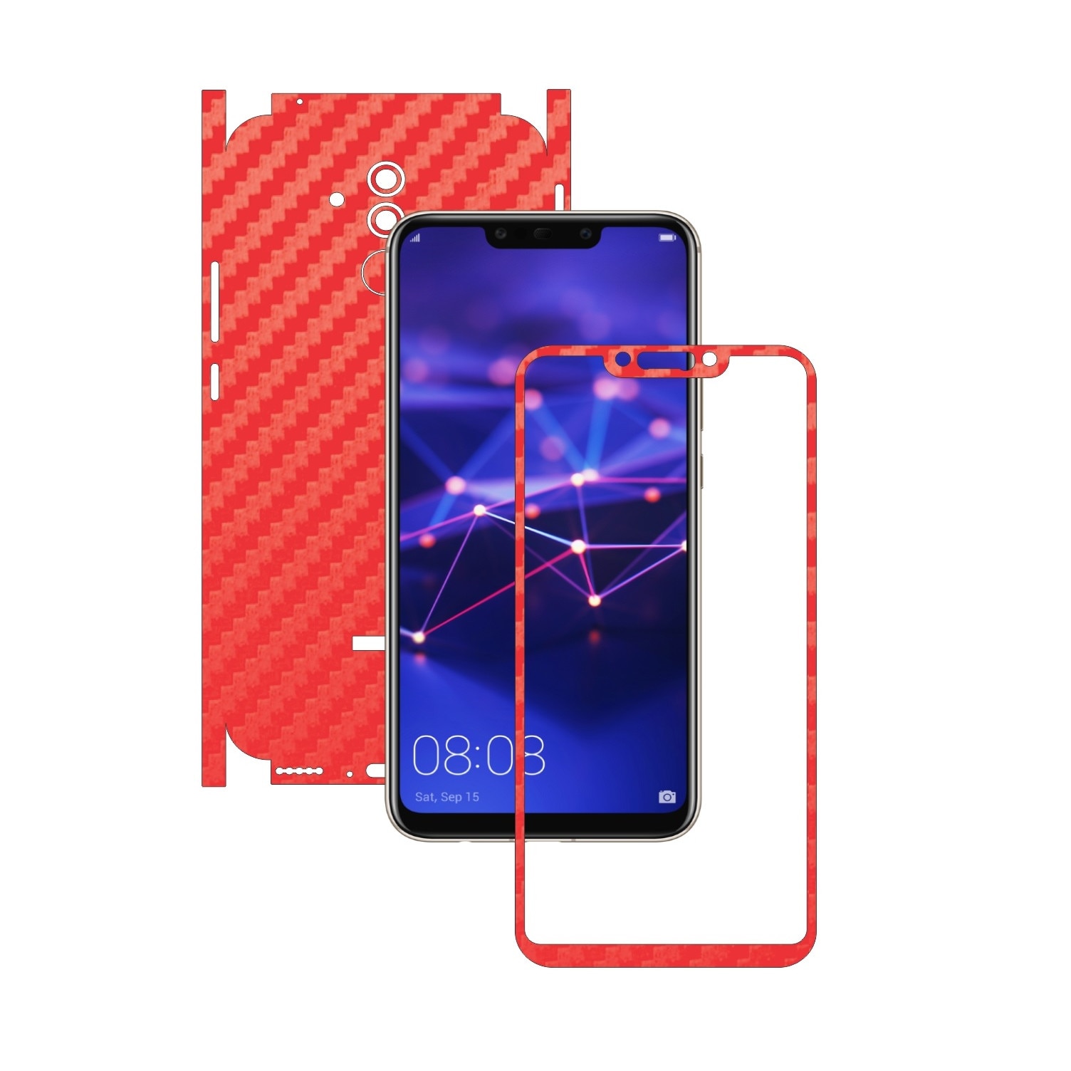 Huawei Mate 20 Lite - Carbon Rosu - 360 Cut - Folie de protectie Carbon Skinz, Skin Adeziv Full Body Cover pentru Rama Ecran,Carcasa Spate si Laterale
