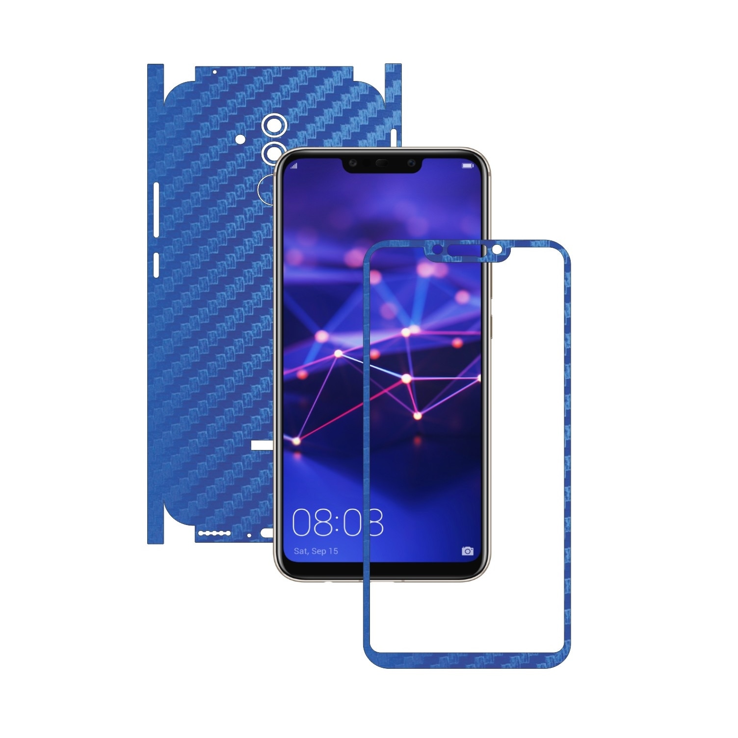 Huawei Mate 20 Lite - Carbon Albastru - 360 Cut - Folie de protectie Carbon Skinz, Skin Adeziv Full Body Cover pentru Rama Ecran,Carcasa Spate si Laterale
