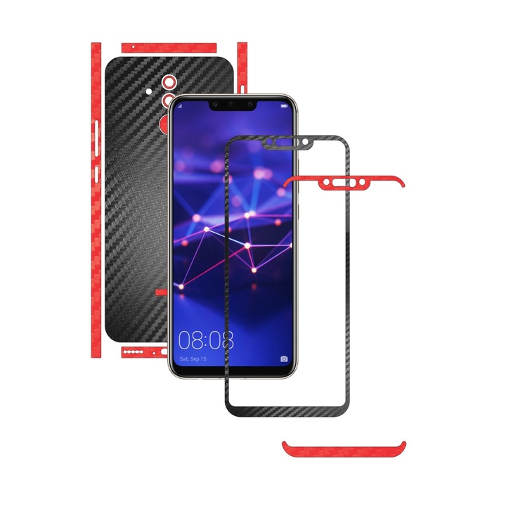 Huawei Mate 20 Lite – két tónusú fekete/piros – Carbon Skinz védőfólia, két színben, öntapadós bőr teljes burkolat a képernyőkerethez, hát- és oldalborító