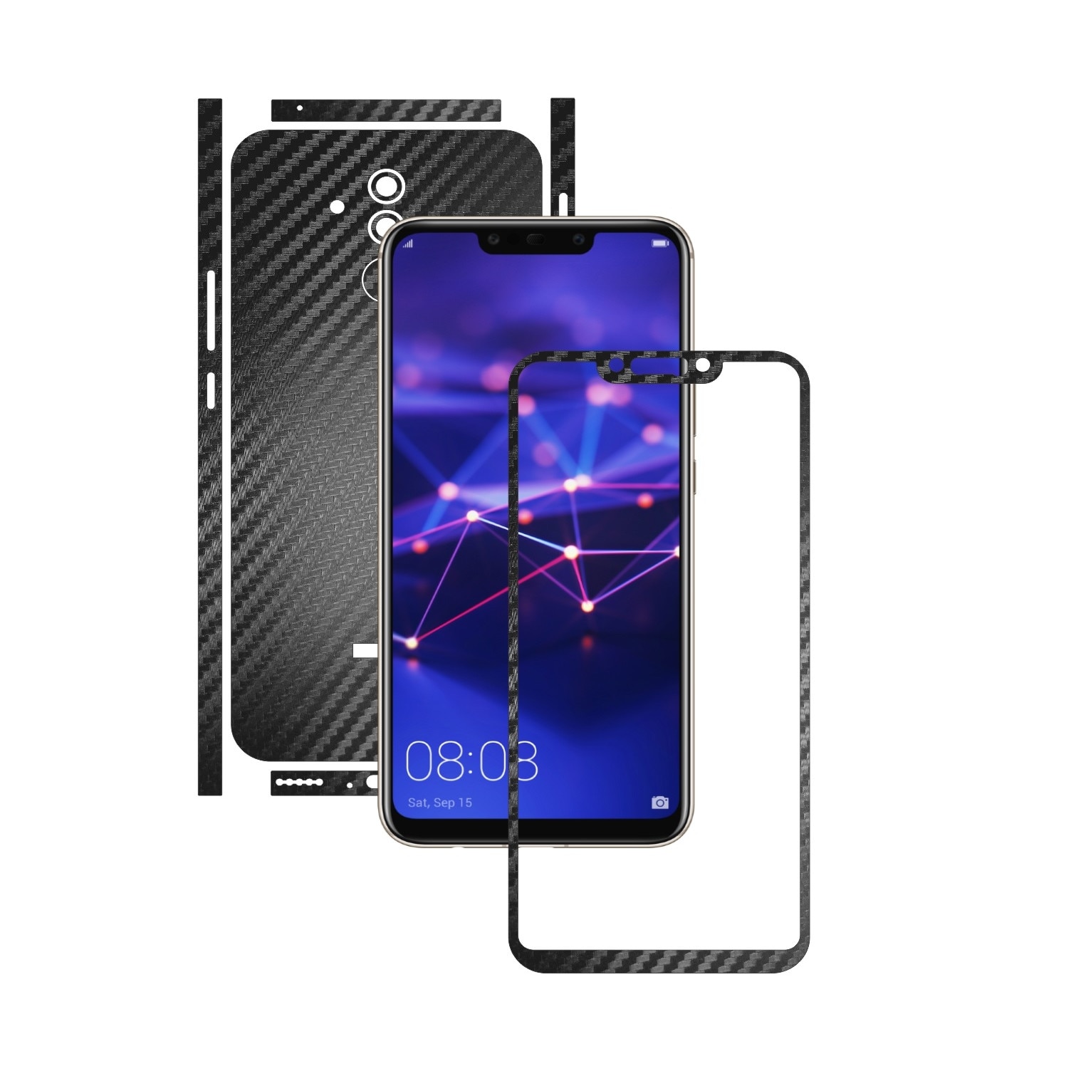 Huawei Mate 20 Lite - Carbon Negru - Split Cut - Folie de protectie Carbon Skinz, Skin Adeziv Full Body Cover pentru Rama Ecran,Carcasa Spate si Laterale