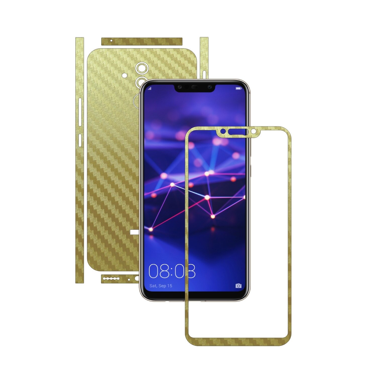 Huawei Mate 20 Lite - Carbon Auriu - Split Cut - Folie de protectie Carbon Skinz, Skin Adeziv Full Body Cover pentru Rama Ecran,Carcasa Spate si Laterale