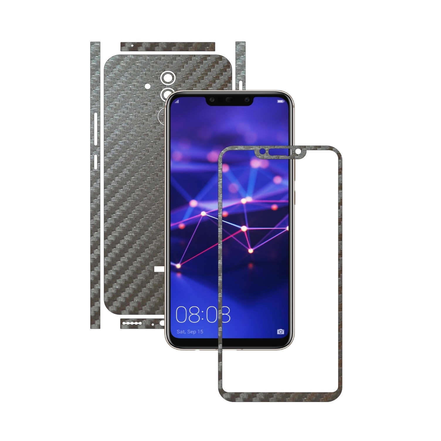 Huawei Mate 20 Lite - Carbon Gri Argintiu - Split Cut - Folie de protectie Carbon Skinz, Skin Adeziv Full Body Cover pentru Rama Ecran,Carcasa Spate si Laterale