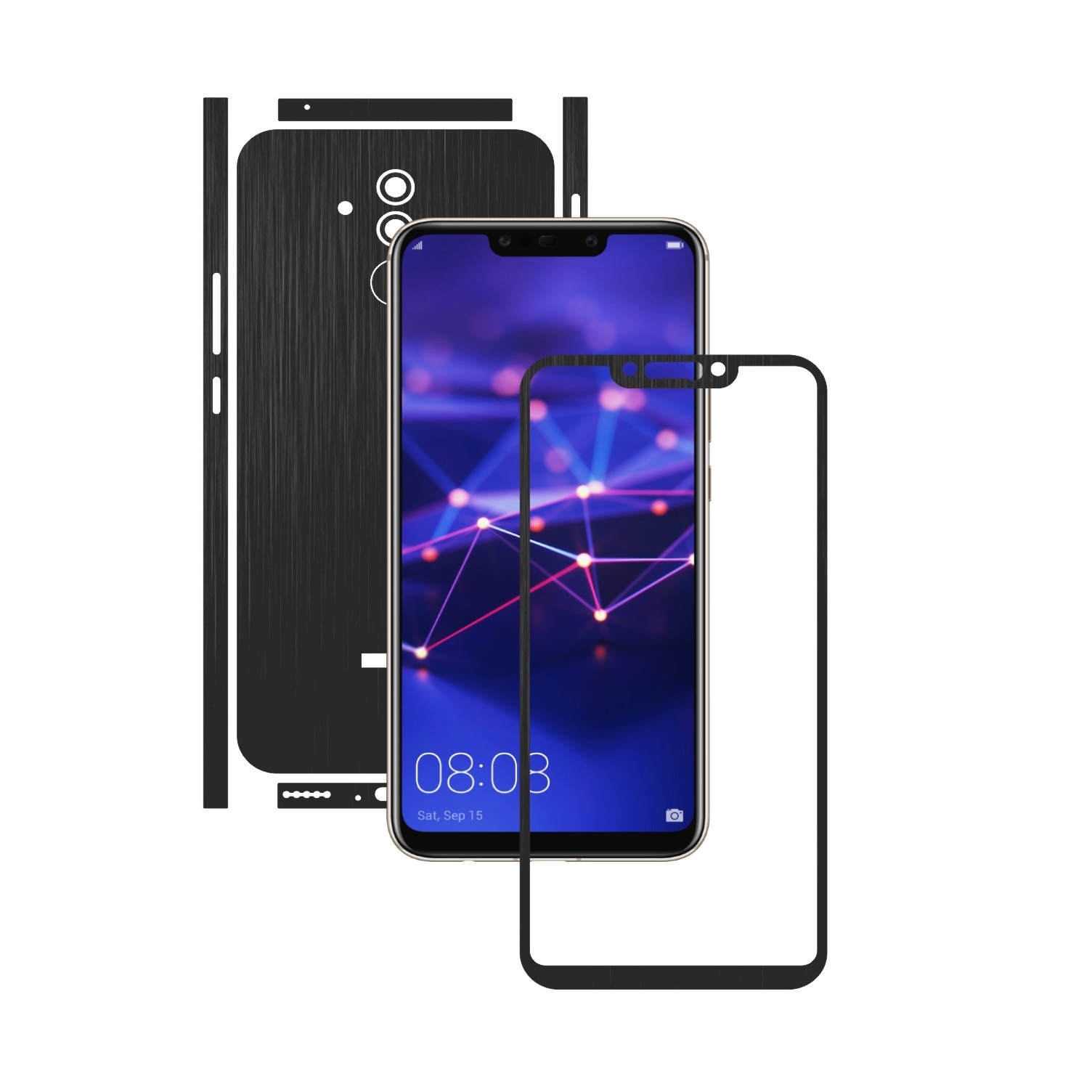 Huawei Mate 20 Lite - Brushed Negru - Split Cut - Folie de protectie Carbon Skinz, Skin Adeziv Full Body Cover pentru Rama Ecran,Carcasa Spate si Laterale