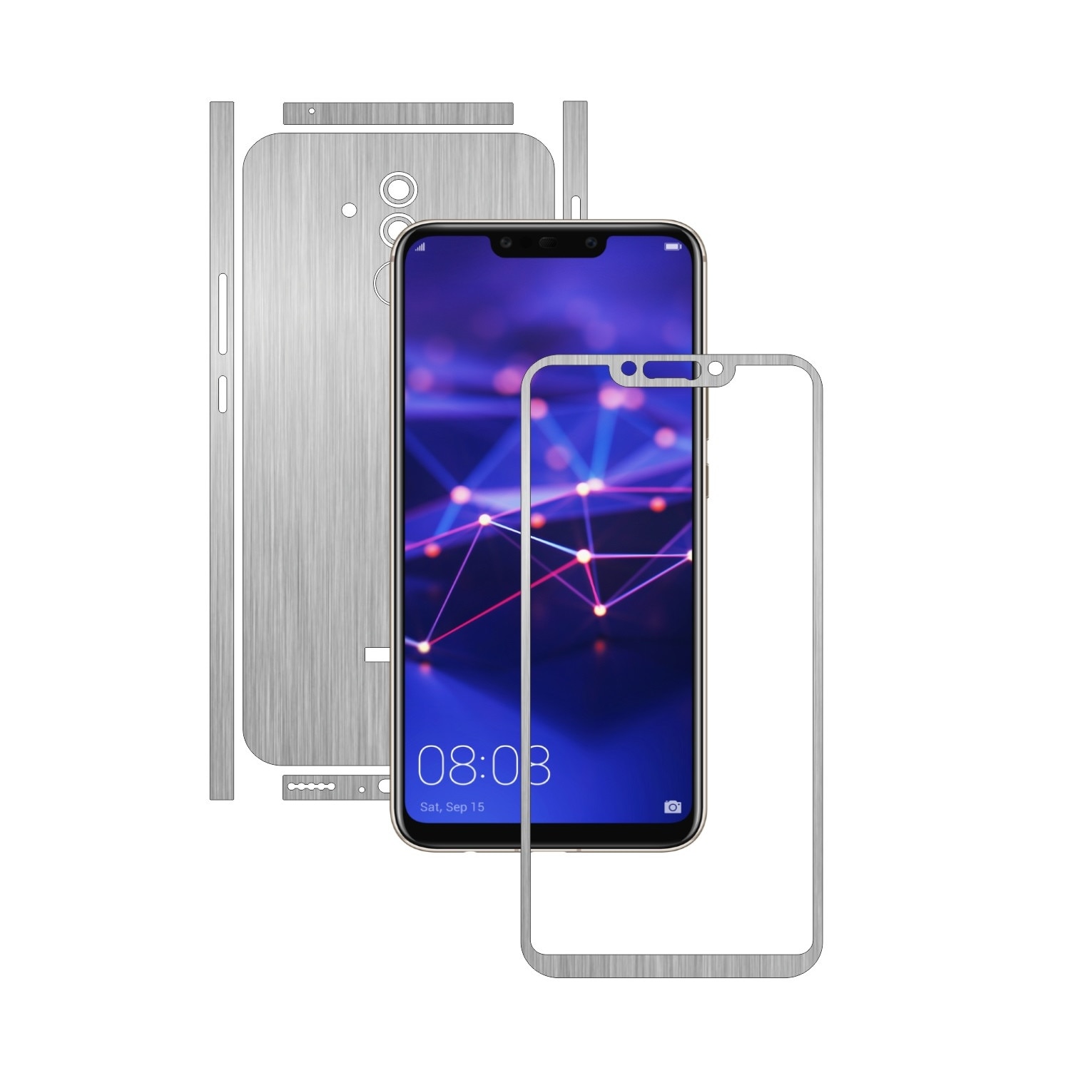 Huawei Mate 20 Lite - Brushed Argintiu - Split Cut - Folie de protectie Carbon Skinz, Skin Adeziv Full Body Cover pentru Rama Ecran,Carcasa Spate si Laterale