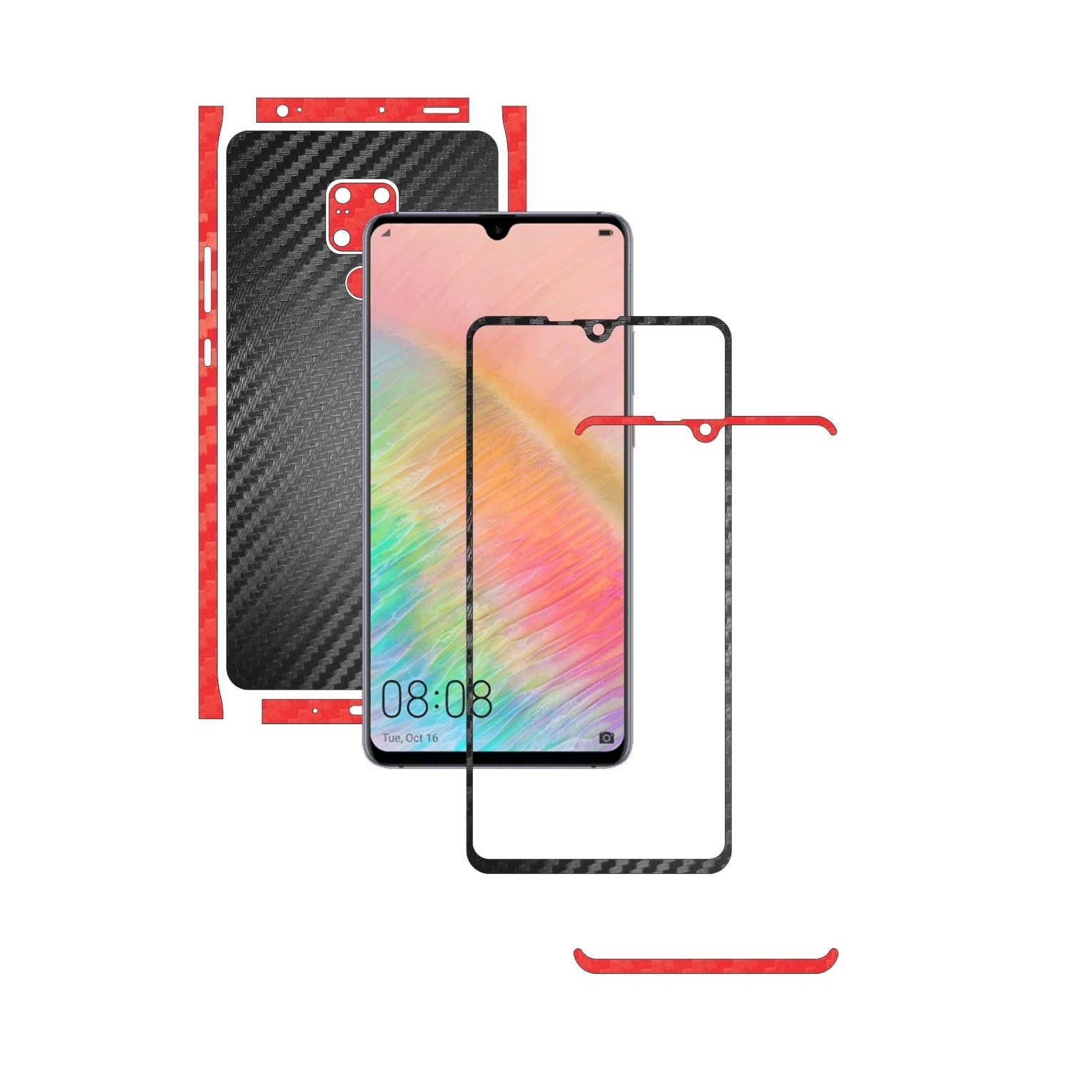 Folie Protectie Carbon Skinz pentru Huawei Mate 20 X (5G) - Carbon Two Tone Negru / Rosu, Skin Adeziv Full Body Cover pentru Rama Ecran, Carcasa Spate si Laterale