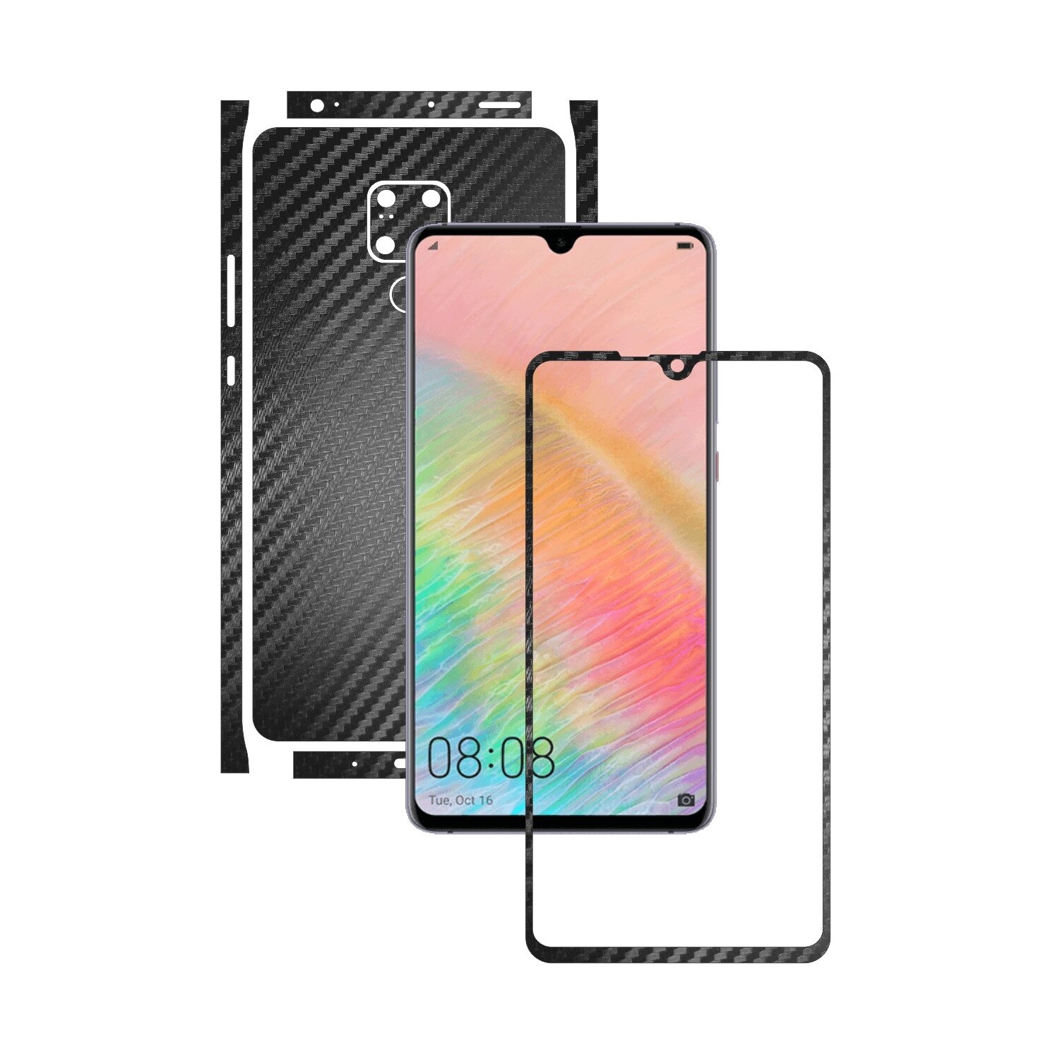 Folie Protectie Carbon Skinz pentru Huawei Mate 20 X (5G) - Carbon Negru Split Cut, Skin Adeziv Full Body Cover pentru Rama Ecran, Carcasa Spate si Laterale