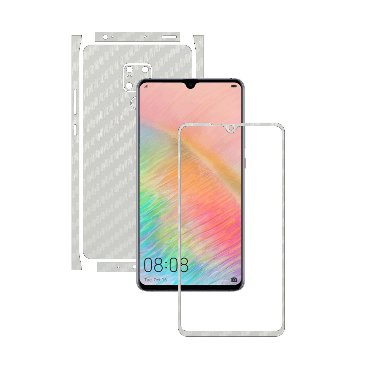 Folie Protectie Carbon Skinz pentru Huawei Mate 20 X (5G) - Carbon Alb Split Cut, Skin Adeziv Full Body Cover pentru Rama Ecran, Carcasa Spate si Laterale