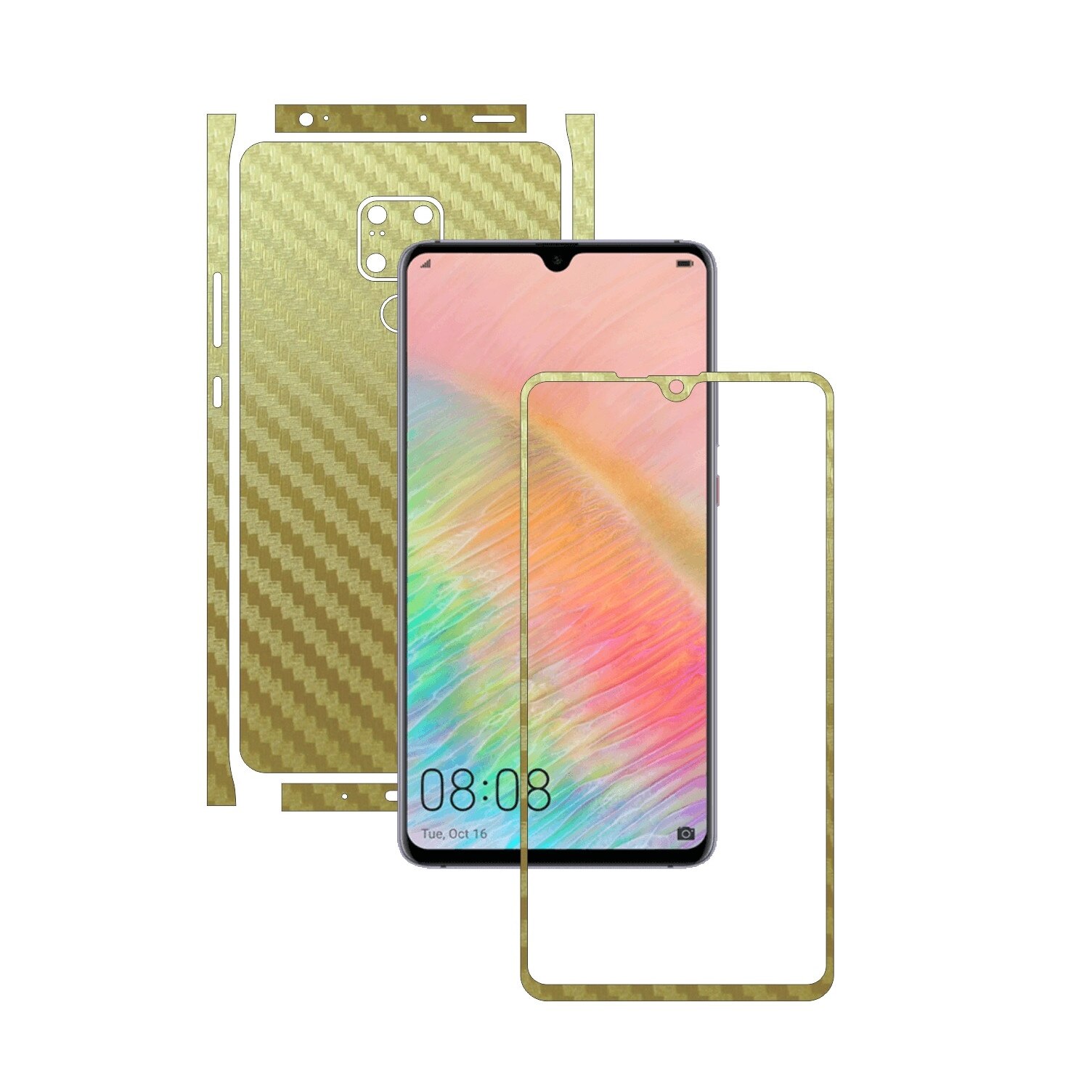 Folie Protectie Carbon Skinz pentru Huawei Mate 20 X (5G) - Carbon Auriu Split Cut, Skin Adeziv Full Body Cover pentru Rama Ecran, Carcasa Spate si Laterale