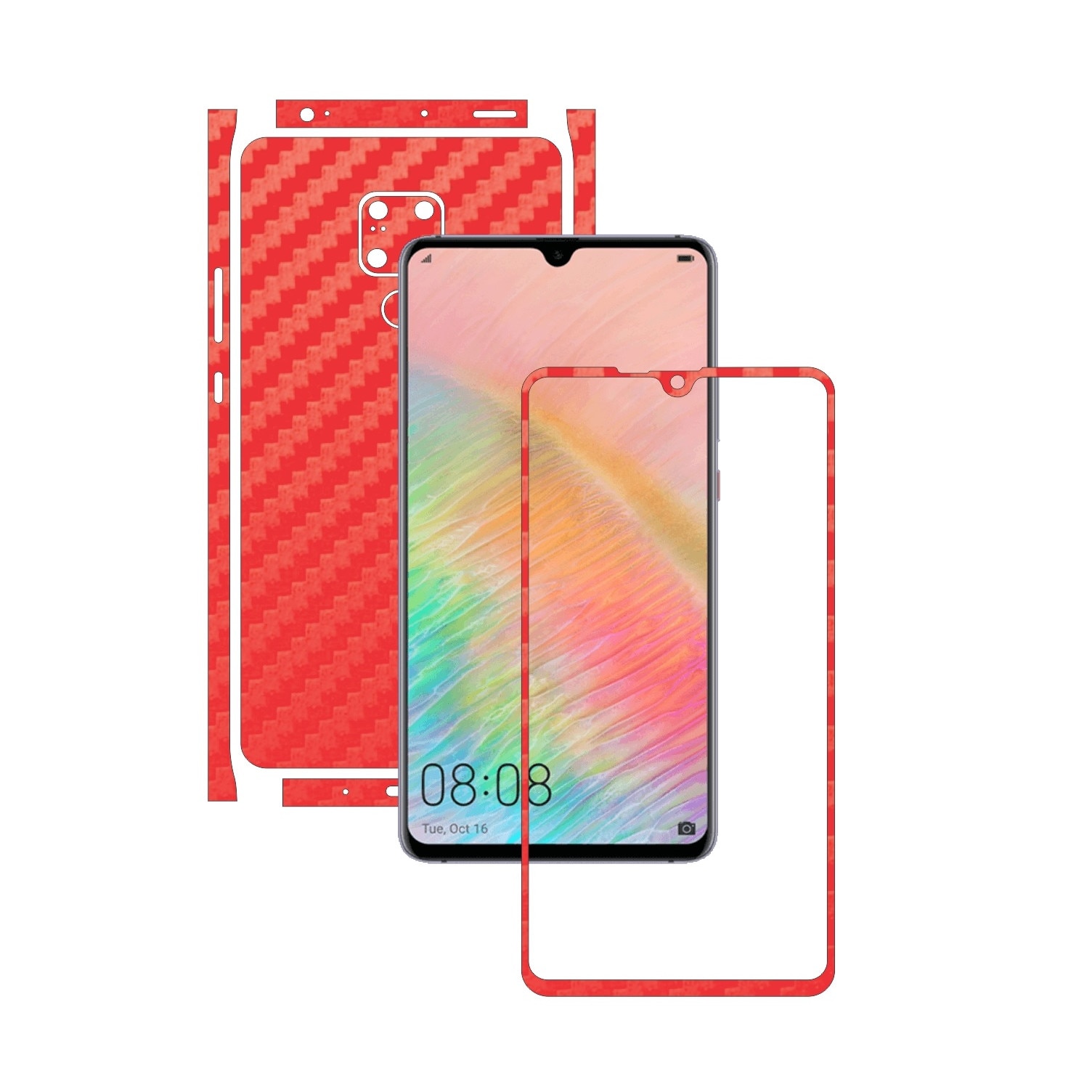 Folie Protectie Carbon Skinz pentru Huawei Mate 20 X (5G) - Carbon Rosu Split Cut, Skin Adeziv Full Body Cover pentru Rama Ecran, Carcasa Spate si Laterale