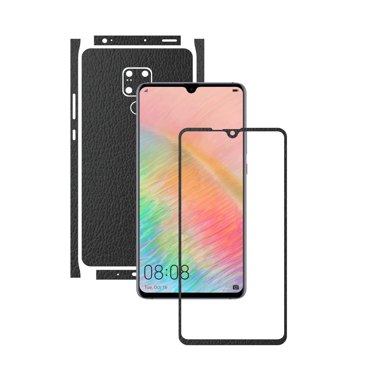 Folie de protectie Carbon Skinz pentru Huawei Mate 20 X - Piele Neagra Split Cut, Skin Adeziv Full Body Cover pentru Rama Ecran,Carcasa Spate si Laterale