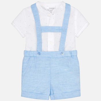 Set camasa si pantaloni scurti cu bretele bebe nou-nascut, Mayoral, Alb / Bleu, 86 CM Set camasa si pantaloni scurti cu bretele bebe nou-nascut, Mayoral, Alb / Bleu, 86 CM
