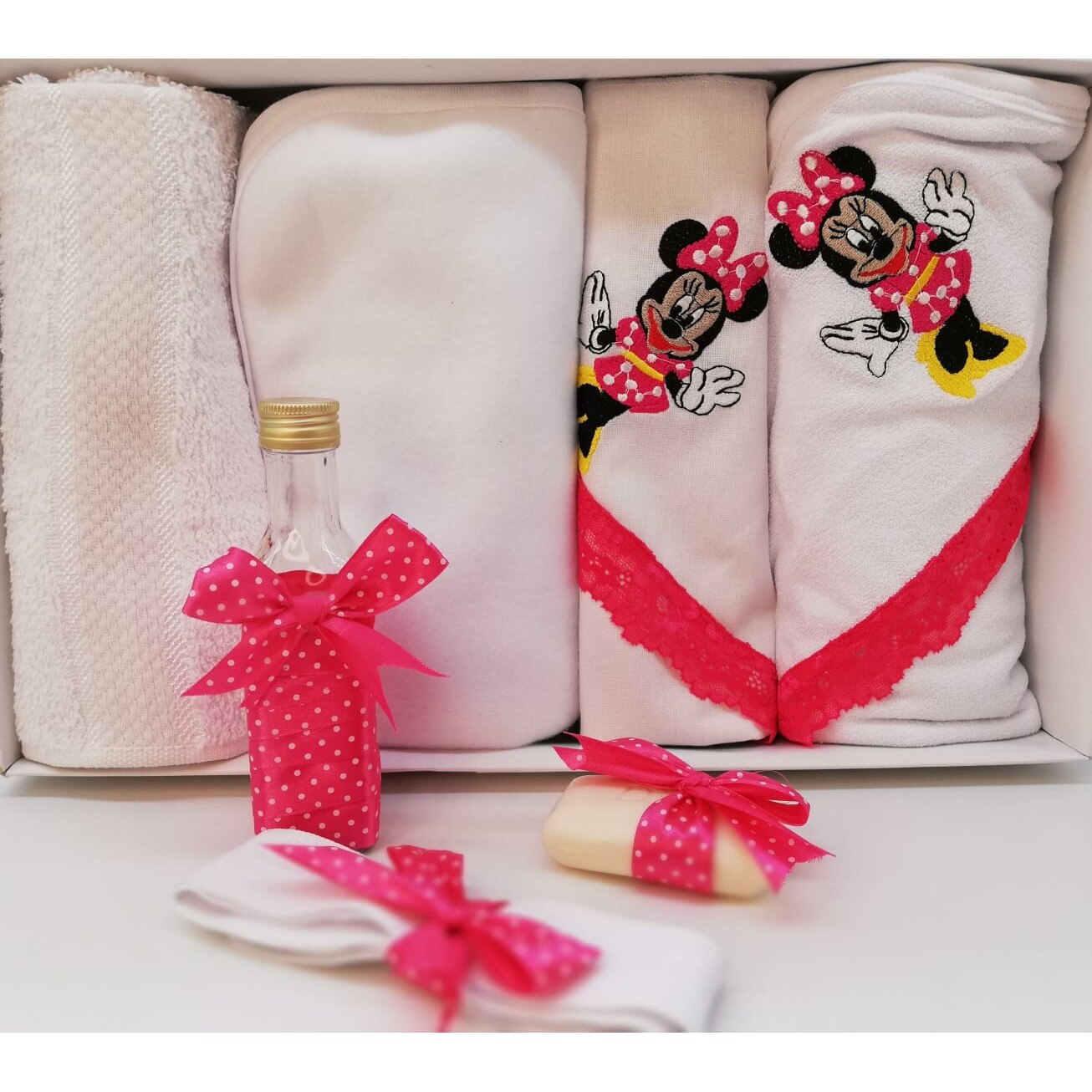 Trusou Botez 7 Piese, Minnie, Alb/Roz, Bumbac