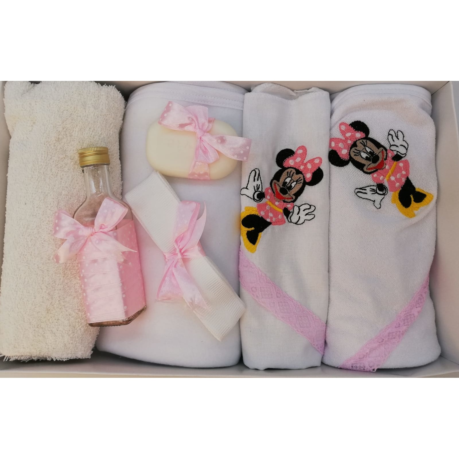 Trusou Botez 7 Piese, Minnie, Alb/Roz Deschis, Bumbac