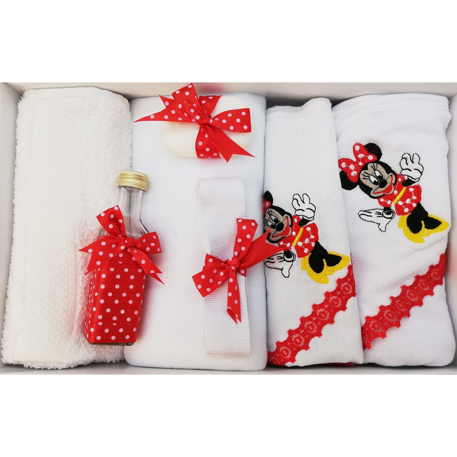 Trusou Botez 7 Piese, Minnie, Alb/Rosu, Bumbac