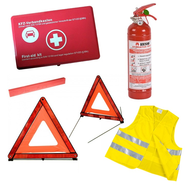 Комплект за първа помощ AD: Аптечка, Жилетка, 2 светлоотразителни триъгълника, Пожарогасител с манометър, 1 кг