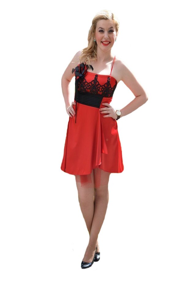 Rochie de ocazie din saten si insertie de broderie,D&J Exclusive, Rosu