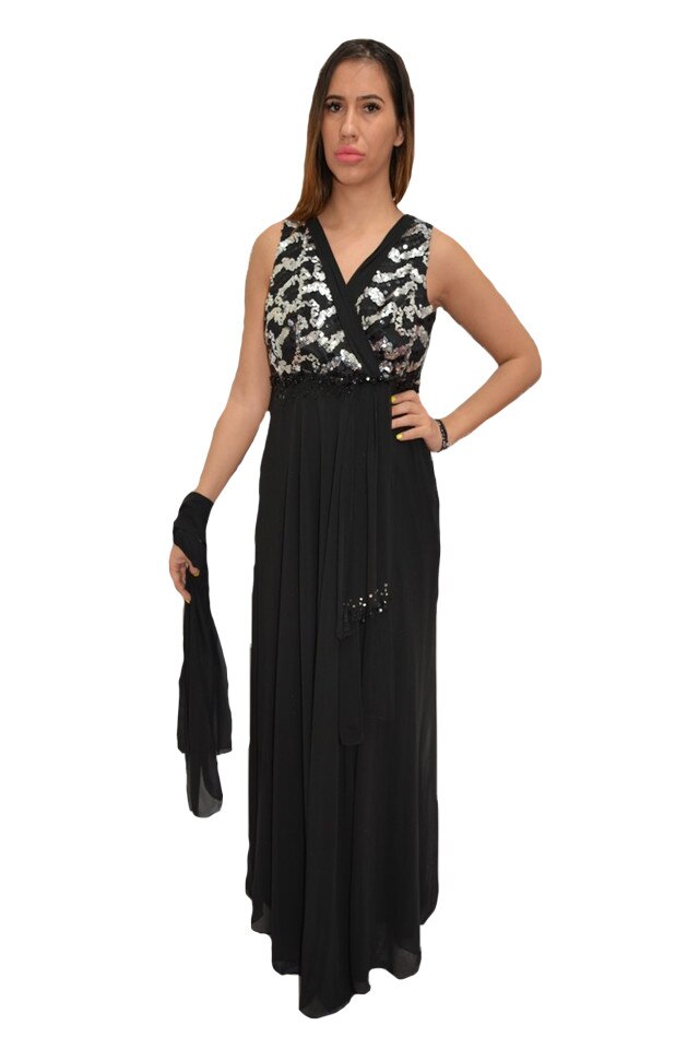 Rochie de gala,lunga cu insertii de paiete argintii,D&J Exclusive, Negru