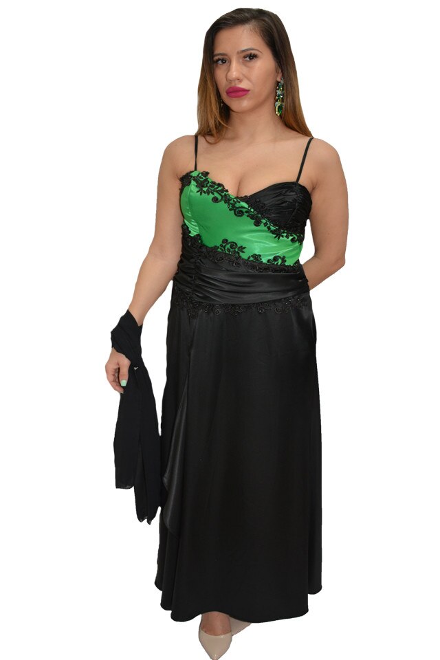 Rochie lunga la bust drept cu broderie, D&J Exclusive, Negru-Verde