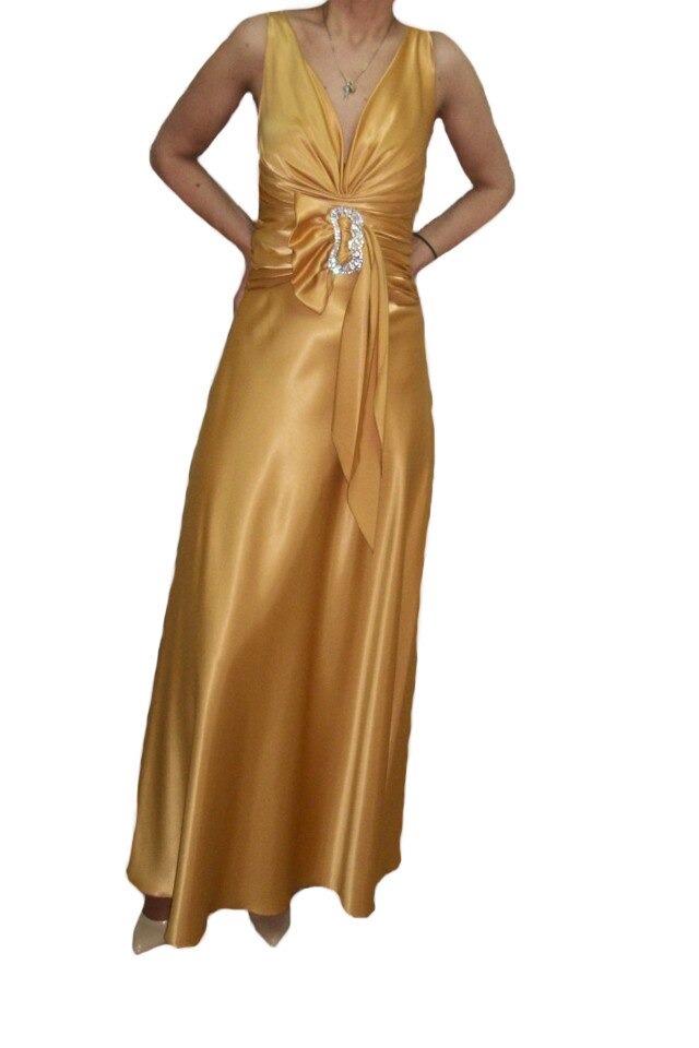 Rochie de gala ,design modern cu trena din saten,D&J Exclusive, Auriu